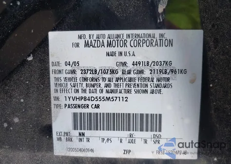 2005 Mazda Mazda6 S Sport из США, поврежденный, VIN 1YVHP84D555M57112